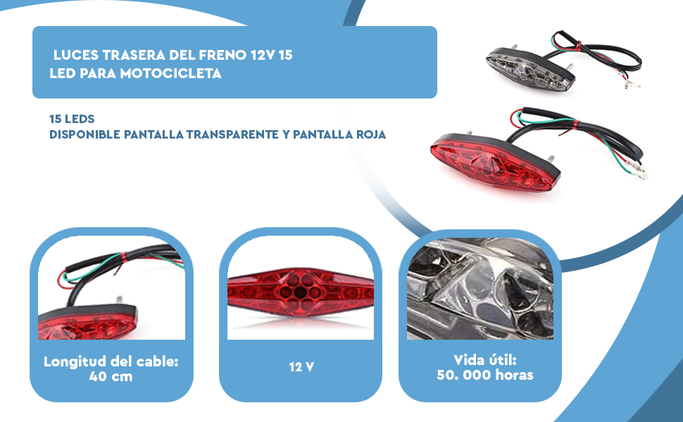 Luz de matrícula de motocicleta lámpara de cola trasera LED universal de 12  V apta para la mayoría de las motocicletas : : Coche y moto