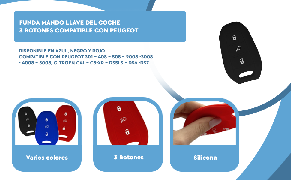 Banner - Funda silicona mando llave de coche 3 botones compatible con Peugeot negro