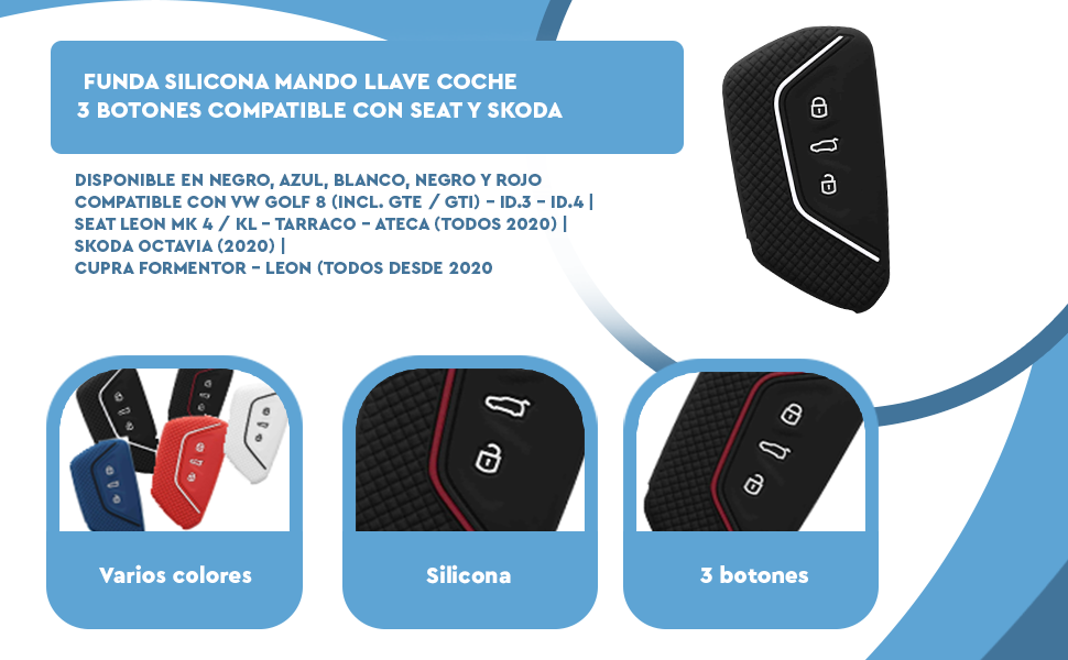 Banner - Funda silicona mando llave del coche 3 botones compatible con VW Golf azul