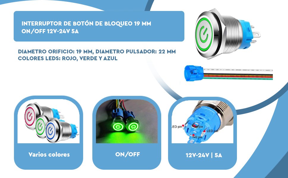 Banner - Interruptor de Botón de Bloqueo 19 mm ON/OFF 12V-24V 5A led verde